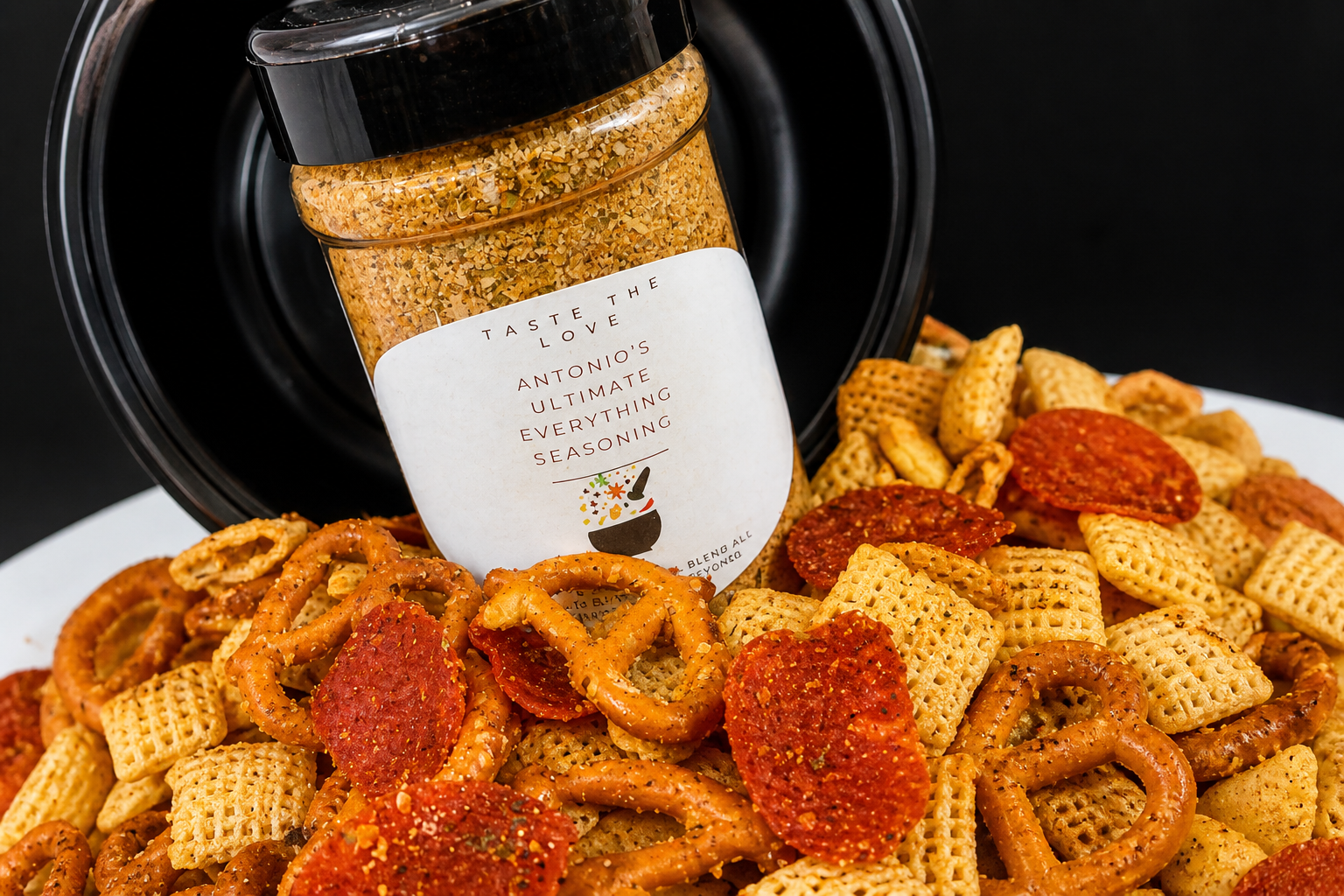 Seasoned snack mix with Antonio's blend