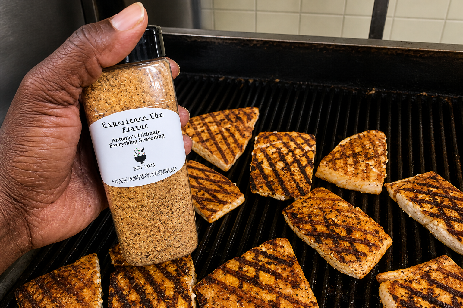 Seasoning magic over sizzling grill